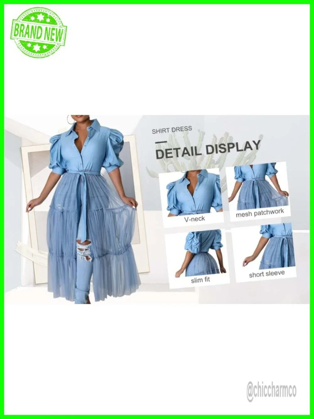 Sheet Button Down Dress Maxi Long Shirt with Belt Sheer Mesh Patchwork